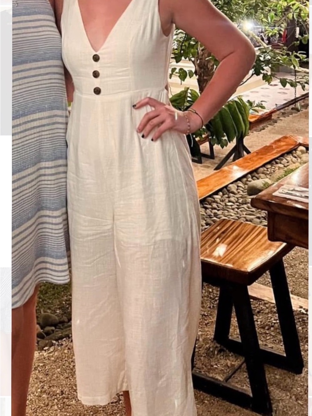 Fortunate One Cream Linen Midi Dress with V-Neck and Button Detail
